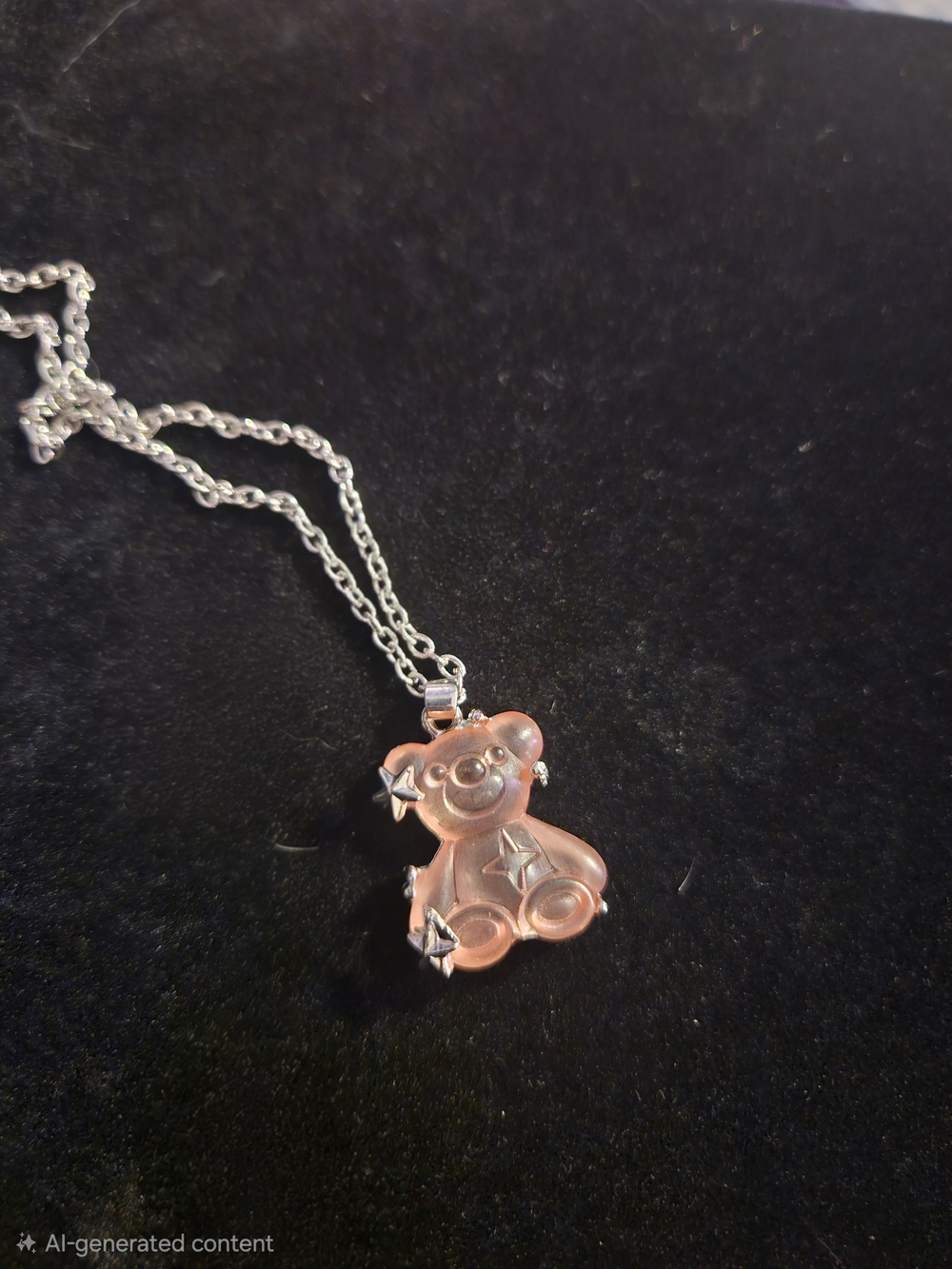 Silver Chain Necklace with Pink Teddy Bear Pendant by